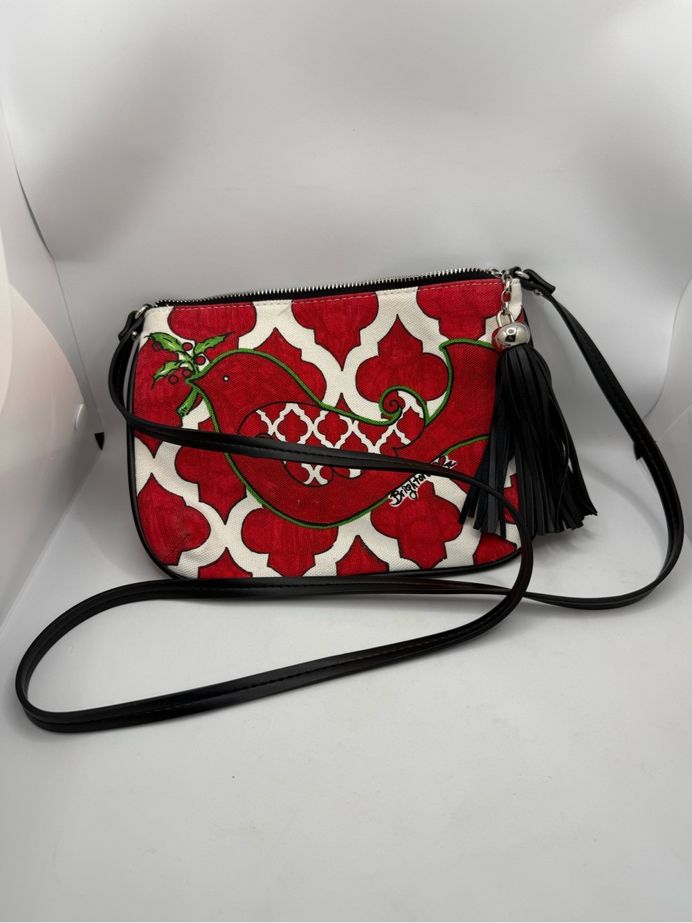 Brighton Crossbody Purse Canvas Shoulder Bag w/ Bird & Leather Tassel